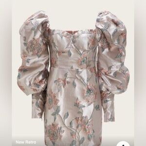 Gigot Sleeve Bustier Sweetheart Jacquard Satin Dress